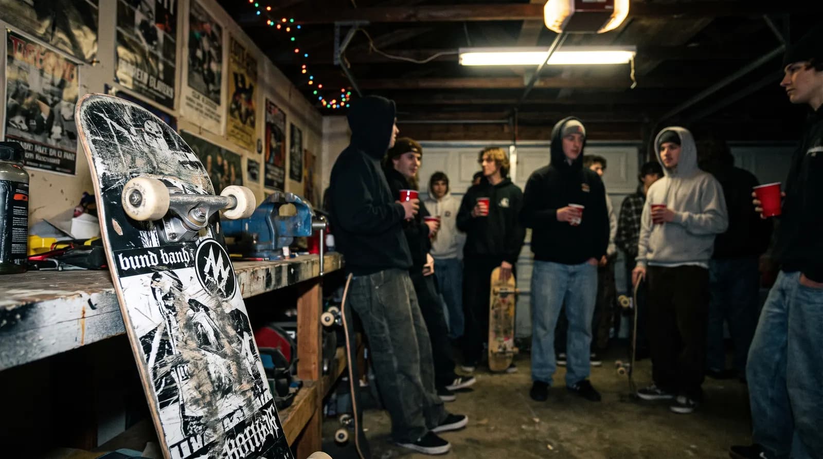 Skateurs riant dans un garage, guirlandes lumineuses.