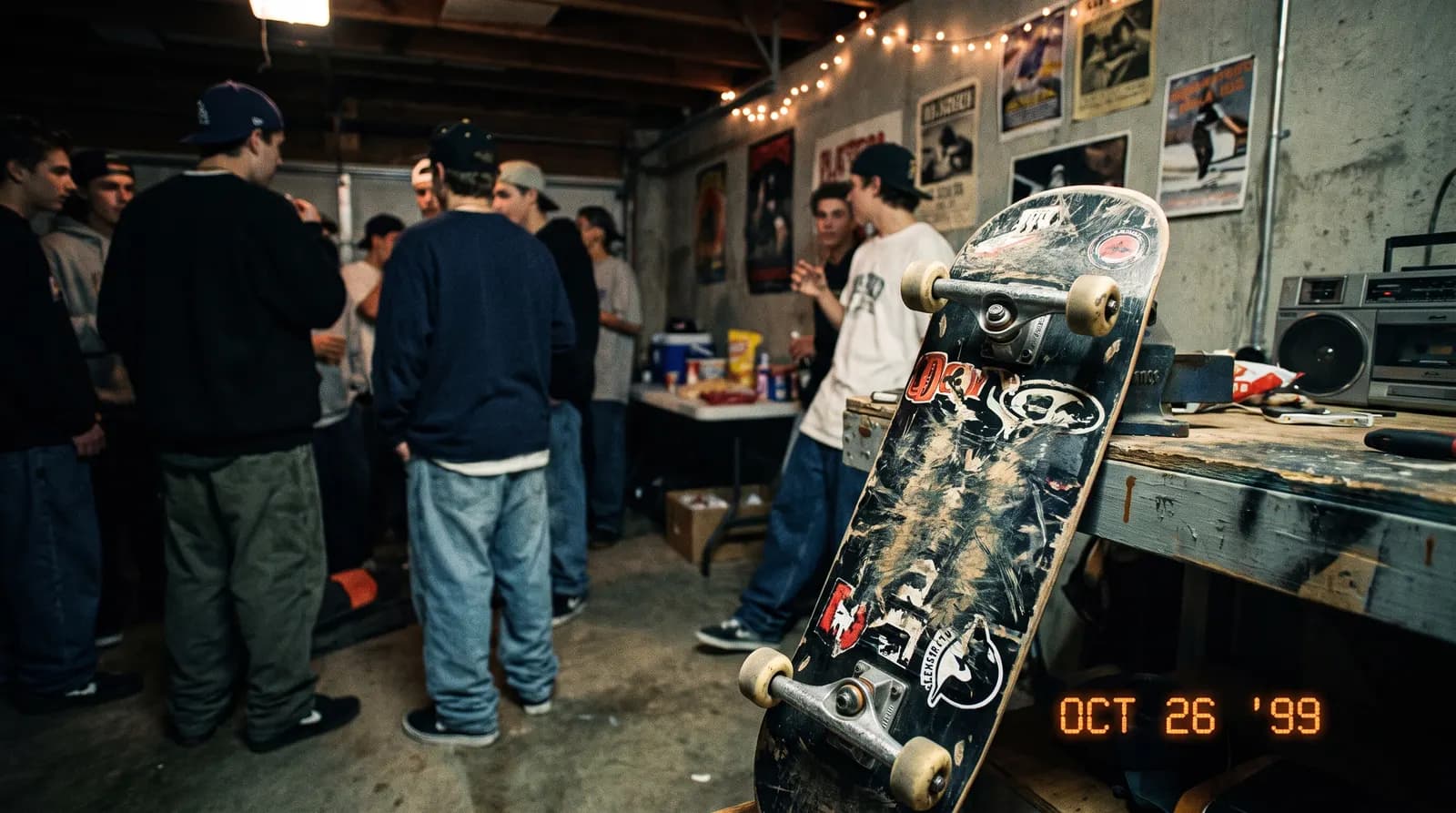 Garage party de skateurs en 1999, guirlandes lumineuses et vieux skate posé contre l'établi.