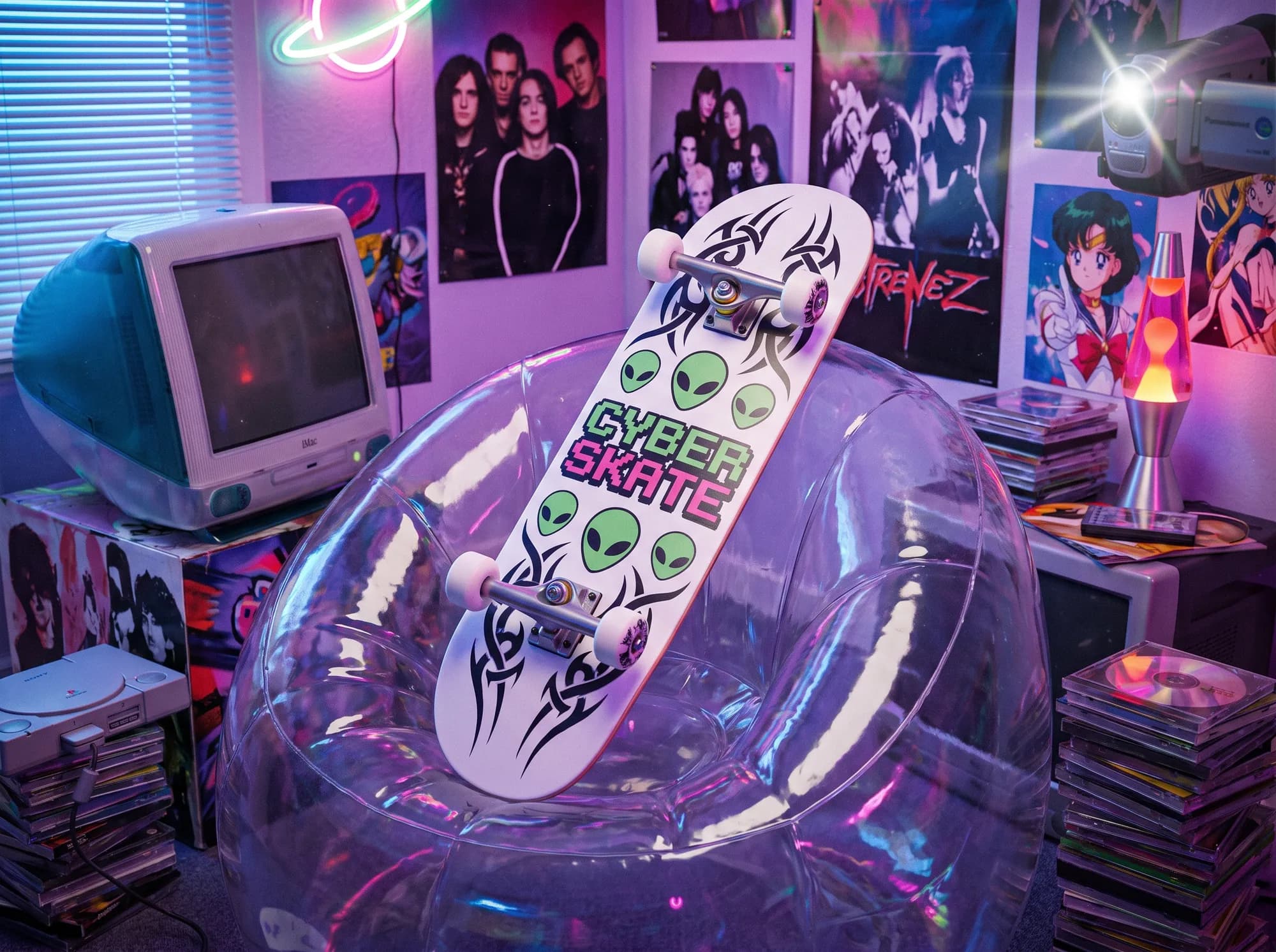 Skateboard Cyber Skate posé dans une chambre Y2K : iMac translucide, lava lamp, posters.