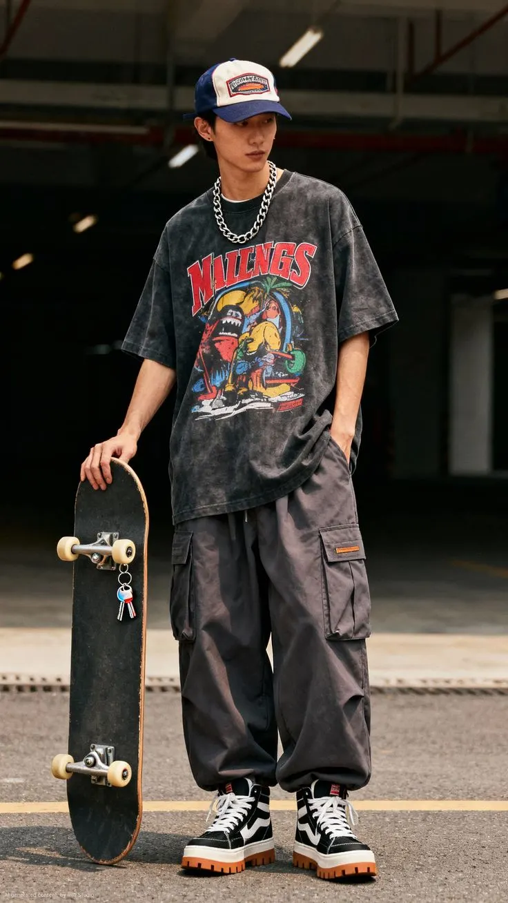 Skateur streetwear tenant sa planche dans un parking.