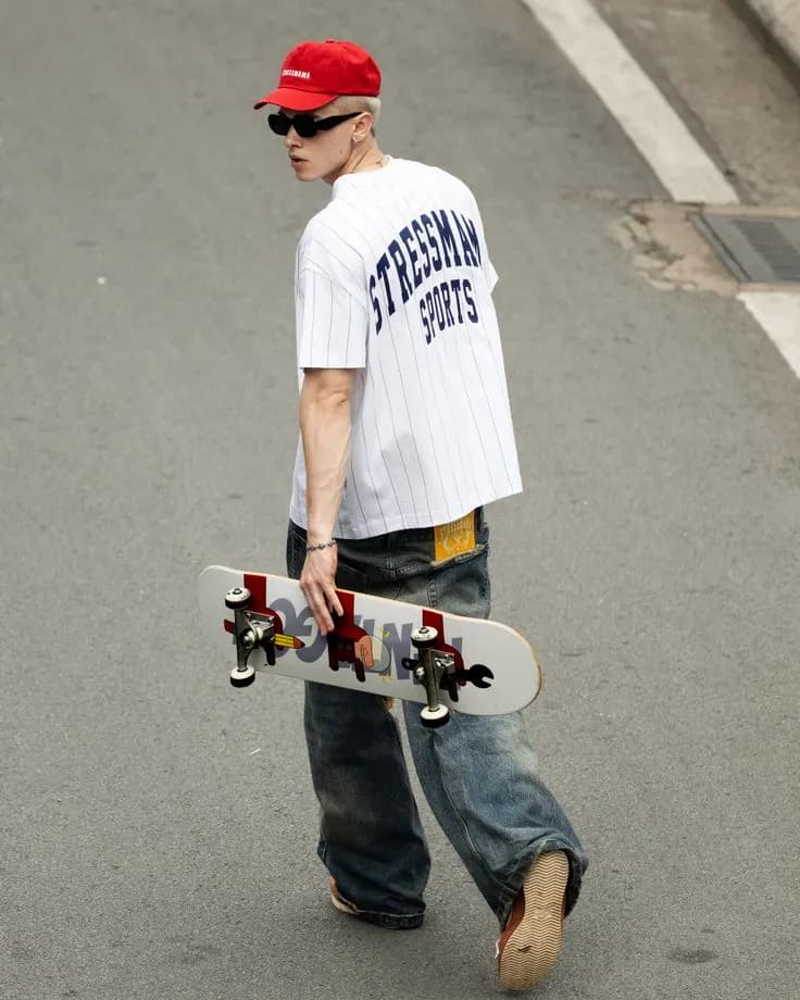 Skateur en casquette rouge marchant en rue.