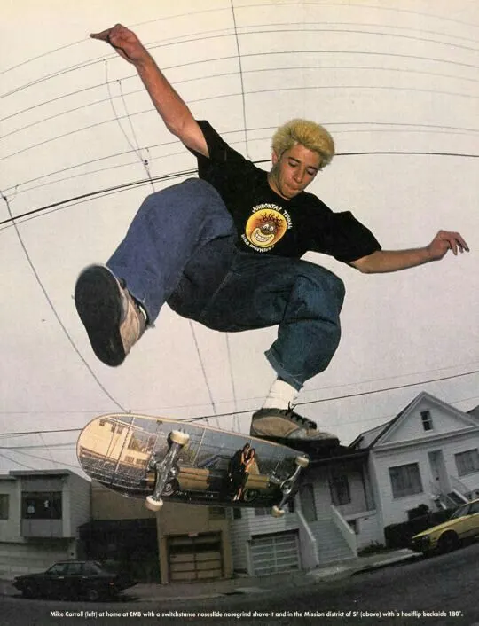 Saut de skate en fisheye, style magazine 90s.
