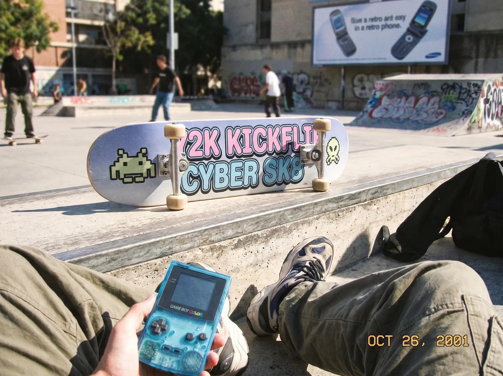 Skateur cyber Y2K dans un skatepark coloré.