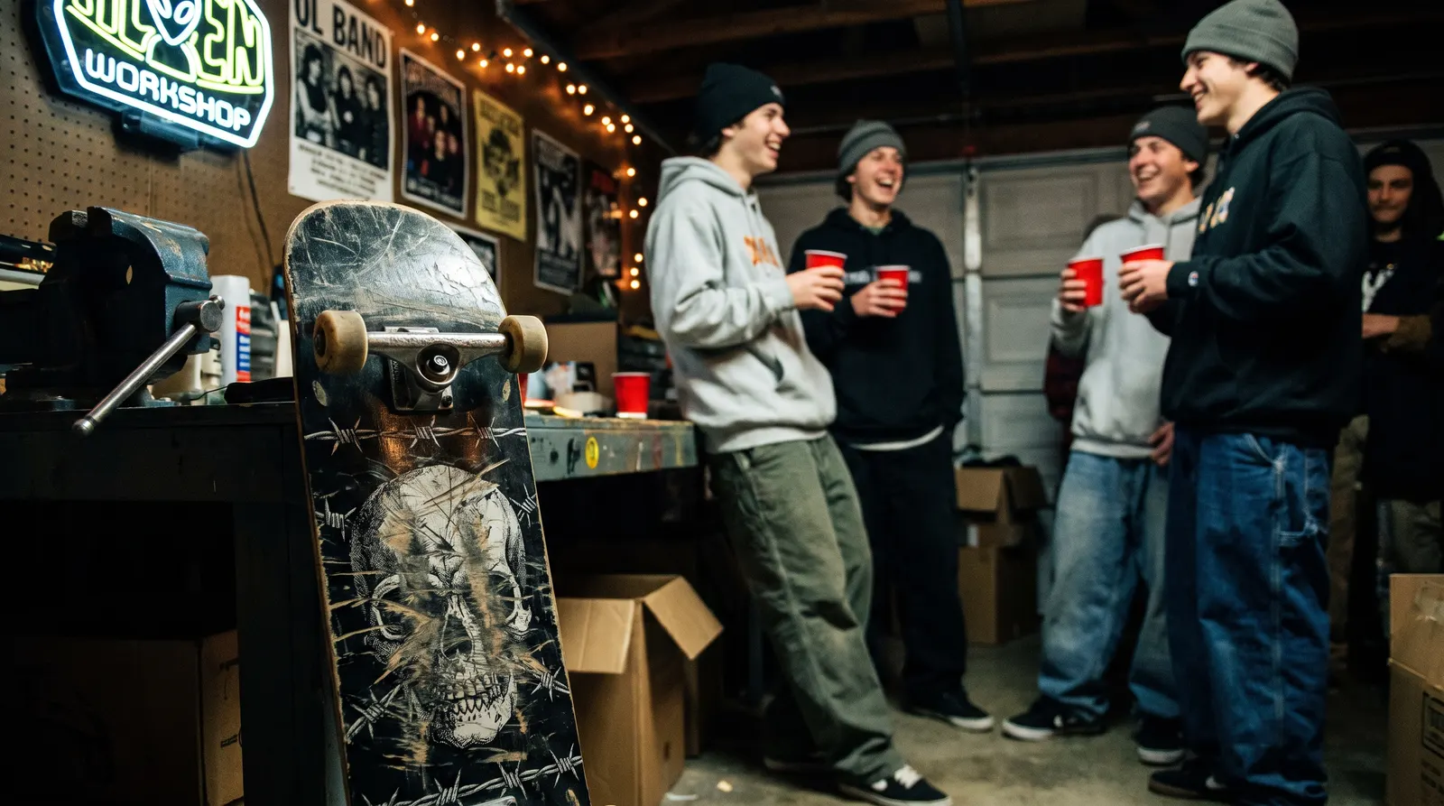 Skateboard tête de mort dans un garage.