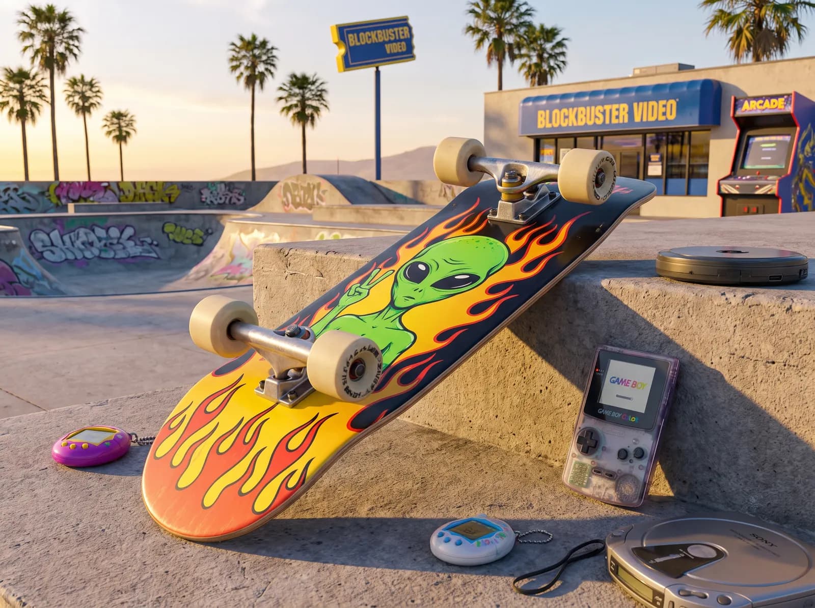 Skateboard tribal dans une chambre remplie de posters et lava lamps.